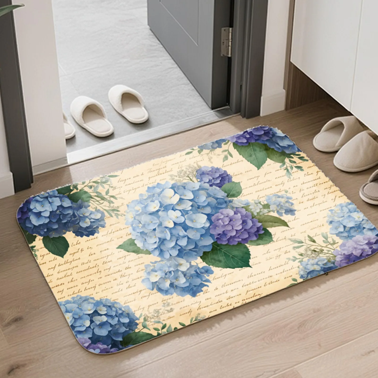 1pc Vintage Letter‑Background Blue Hydrangea Welcome Doormat, Flannel Floor Mat for Front Door, Kitchen, Bathroom, Home Decor