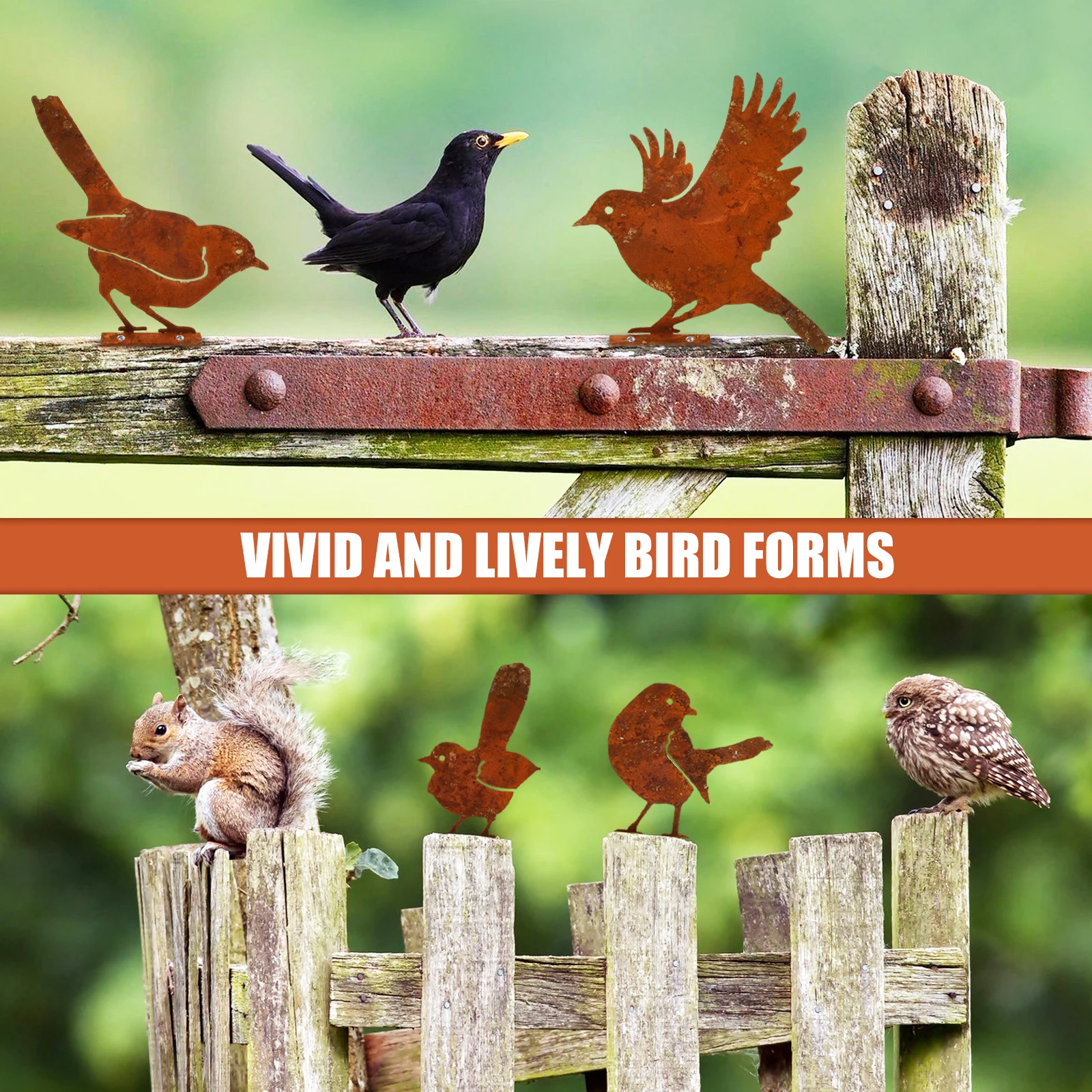 5/10/15Pcs Rusty Bird Sculpture Ornaments Garden Metal Bird Craft Statue Ornaments Suitable for Fence Old Wood Garden Ornaments