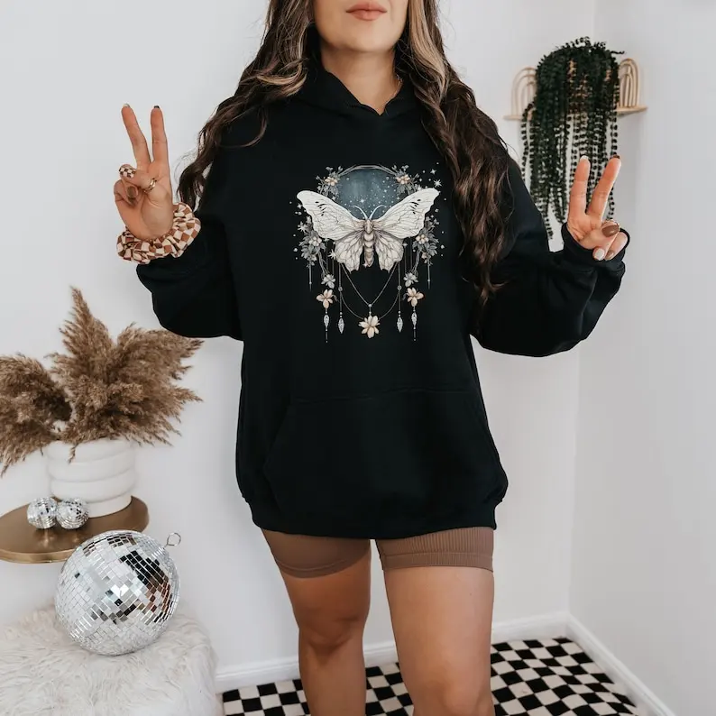 

Vintage Boho Dreamy Luna Moth Hoodie Celestial Charms Lunar White Moth Sweater Moon Stars Botanical Floral Star Top Goth Gothic