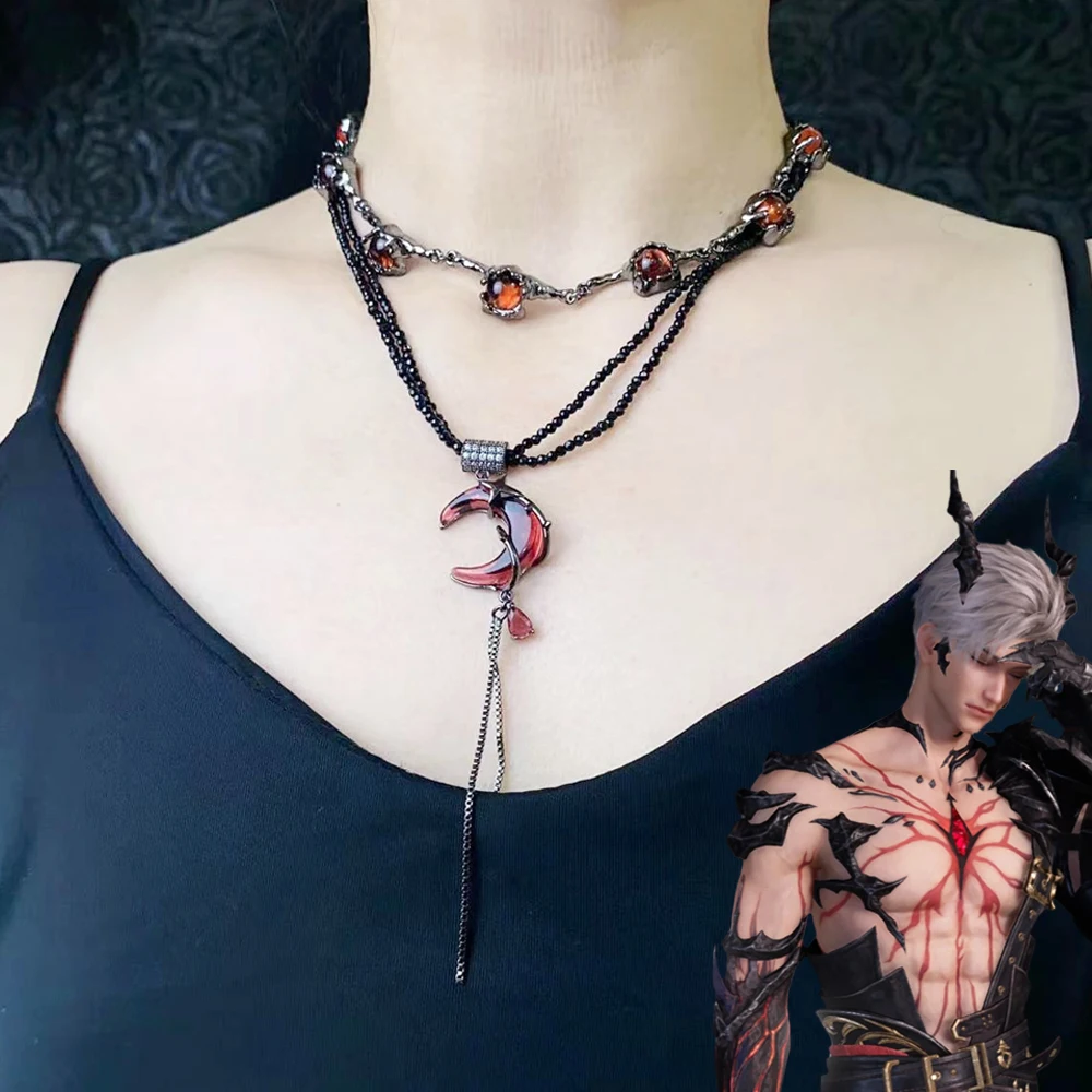 Game Love And Deepspace Sylus Cosplay Necklace Hiphop Red Moon Crystal Pendant Double Layered Clavicle Chain Jewelry Choker