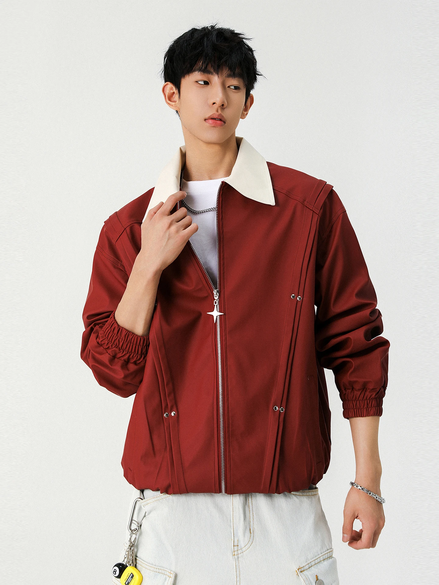 النبيذ الأحمر اللون الوقوف طوق Jaet الرجال فضفاض عادية تنوعا كول في سن المراهقة ملابس خارجية الخريف جديد Sle Faion العلامة التجارية