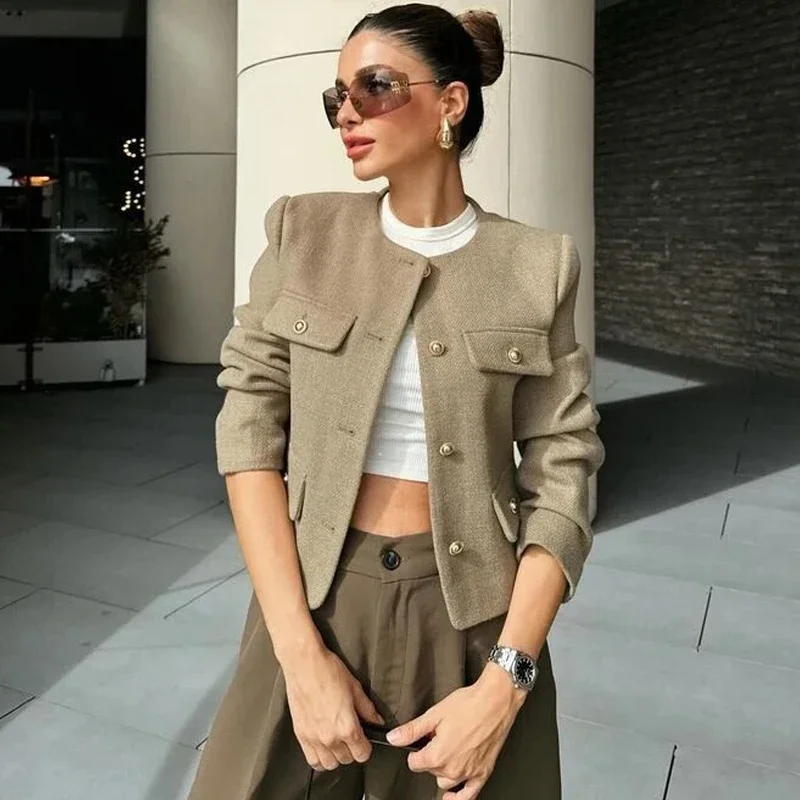 DUOPERI Women Fashion Autumn Winter Versatile Cropped Coat Round Neck Flip Female Chic Lady Elegant Short Suit Jacket