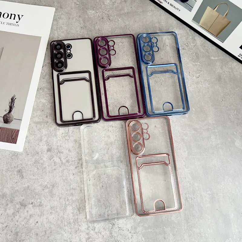Funda transparente de borde cromado con ranura para tarjeta y billetera, suave y de alta definición para Samsung Galaxy S26 Ultra S24 S23 S25 Ultra Plus 5
