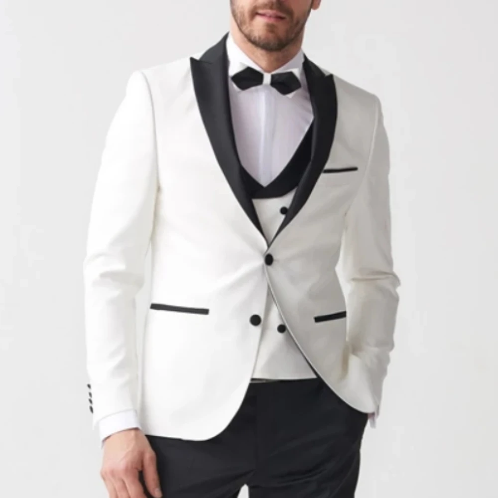 Traje de boda blanco personalizado para hombre, traje ajustado de alta calidad, chaqueta de esmoquin de lujo, pantalones, chaleco para hombre