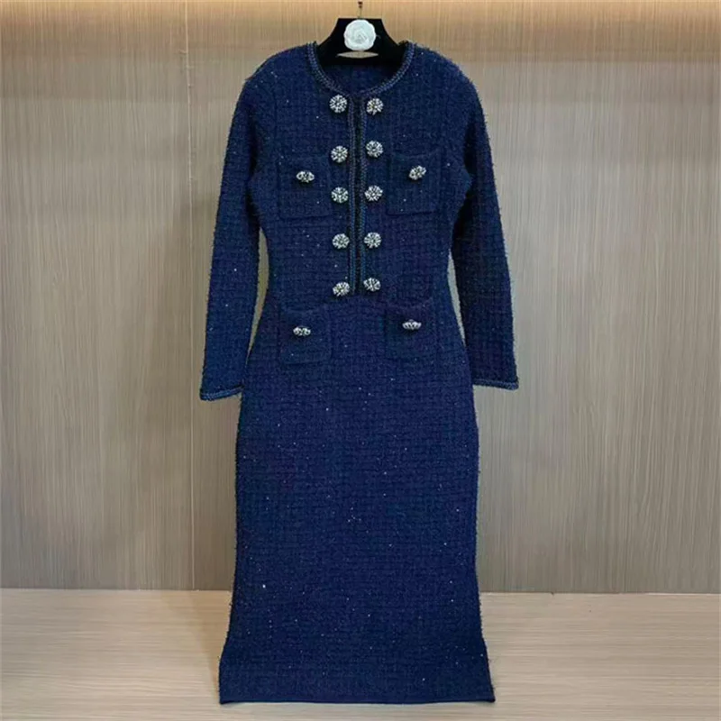 

Women's dress 2026 Spring new elastic knitted slim fit long dresses shiny button decoration round neck dress y2k party dresses