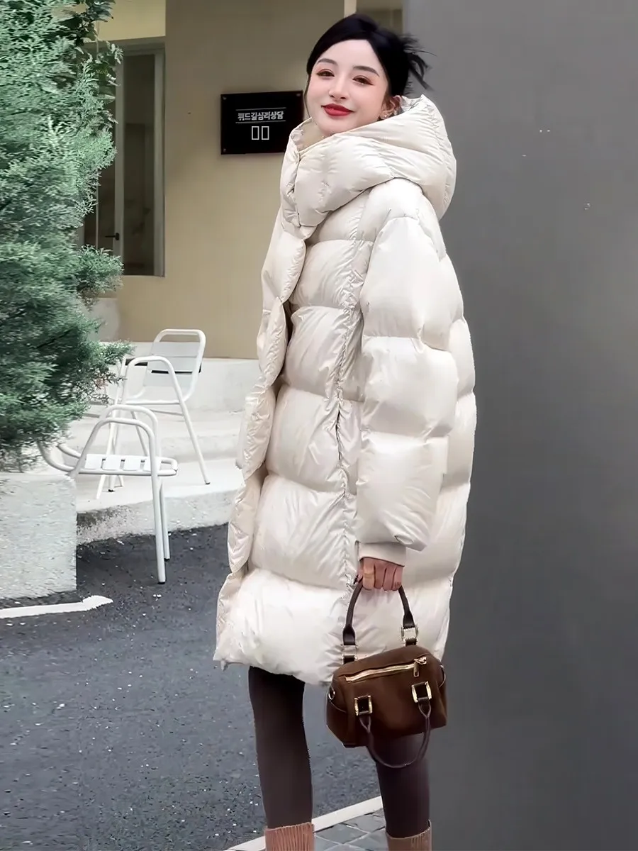 

Korean Sle Beige Hooded down Jaet Women's Winter Mid-Length Loose Versatile Fluffy Warm Outerwear Long Sve Zipper