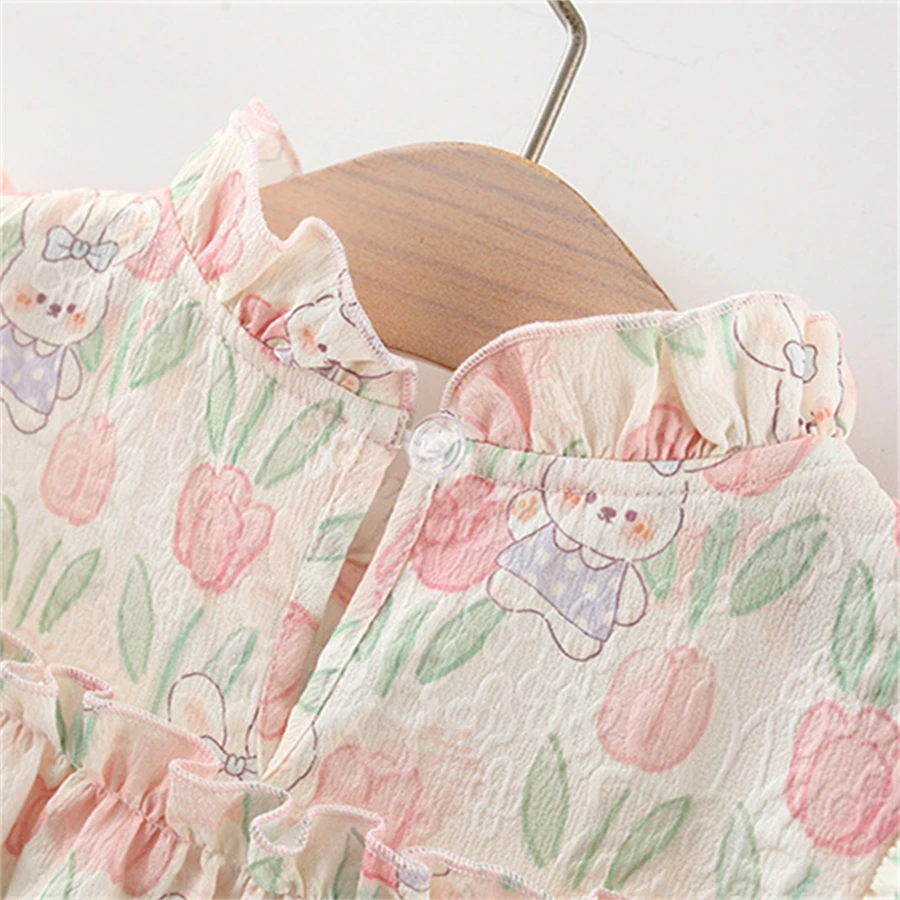 Summer Cotton Toddler Dress Floral Rabbit Printed Princess Dress Tulip Bow Dress for Baby Girl view 5