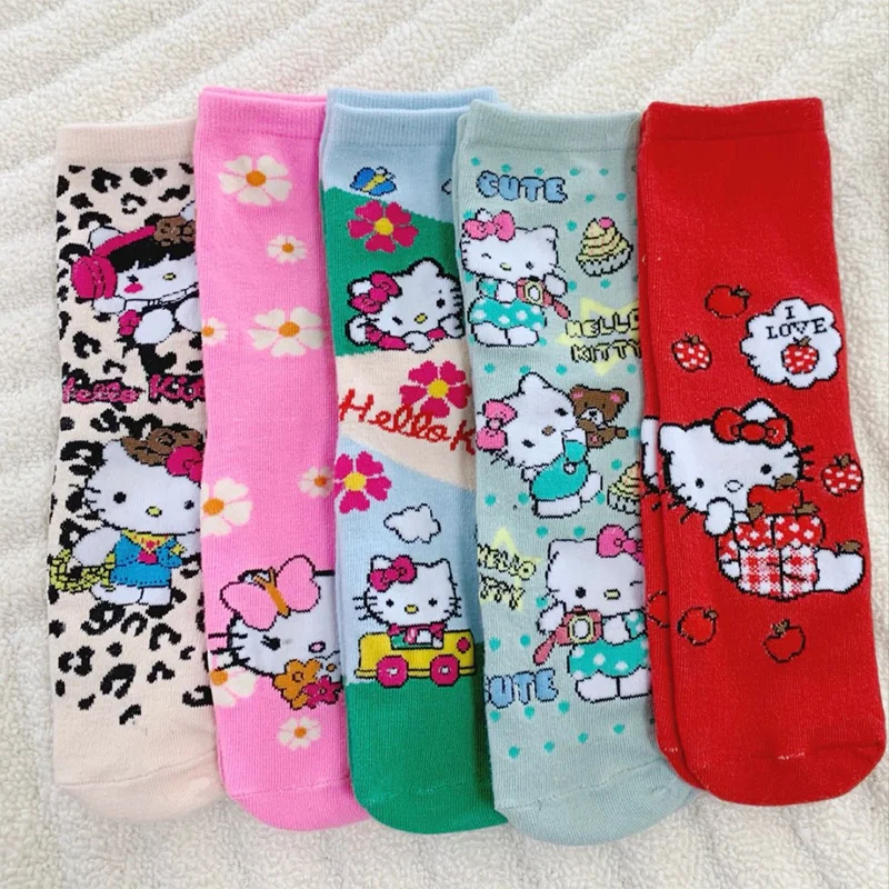 5 Pairs New Hello Kitty Mid-Calf Socks Summer for Women Cute Cartoon KT Cat Lightweight Breathable Comfort Socks