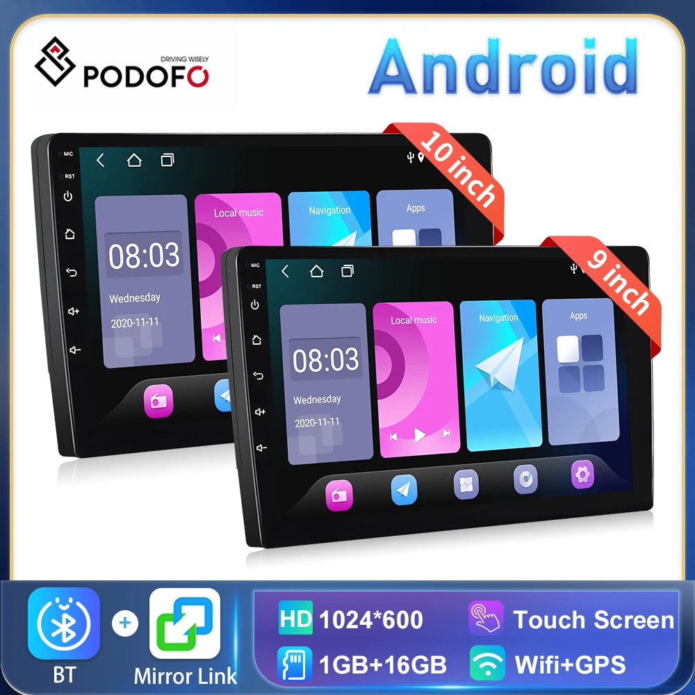 

Автомагнитола Podofo, 9/10 дюйма, 2Din, Android, мультимедийный плеер, GPS, MirrorLink, 1 + 16 ГБ, FM-приемник для Volkswagen, Nissan, Toyota, Kia