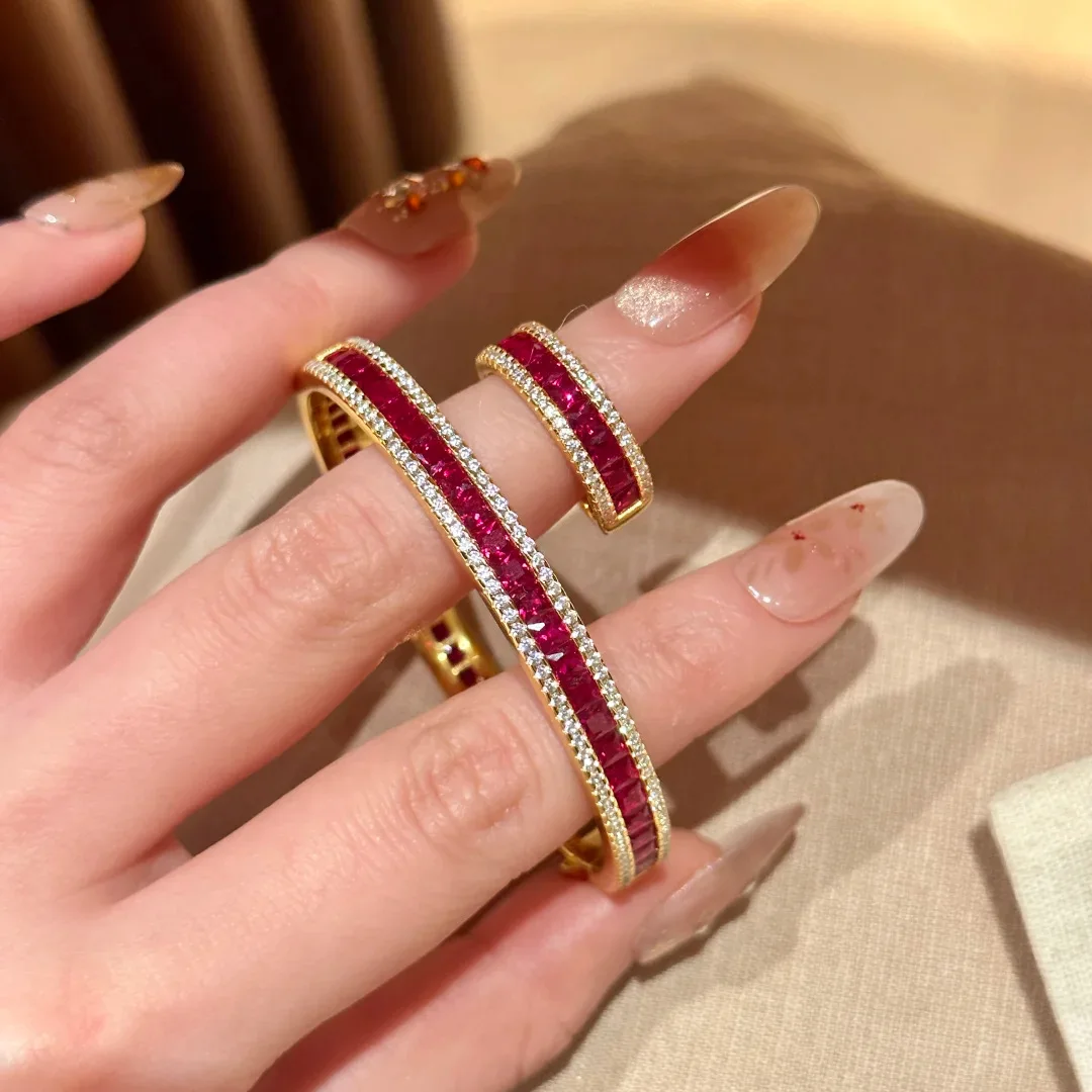 925 Silver Red Corundum Square Diamond Track Bracelet Blue Pointed Crystal Ring Transfer Bead Pendant Necklace Set For Women