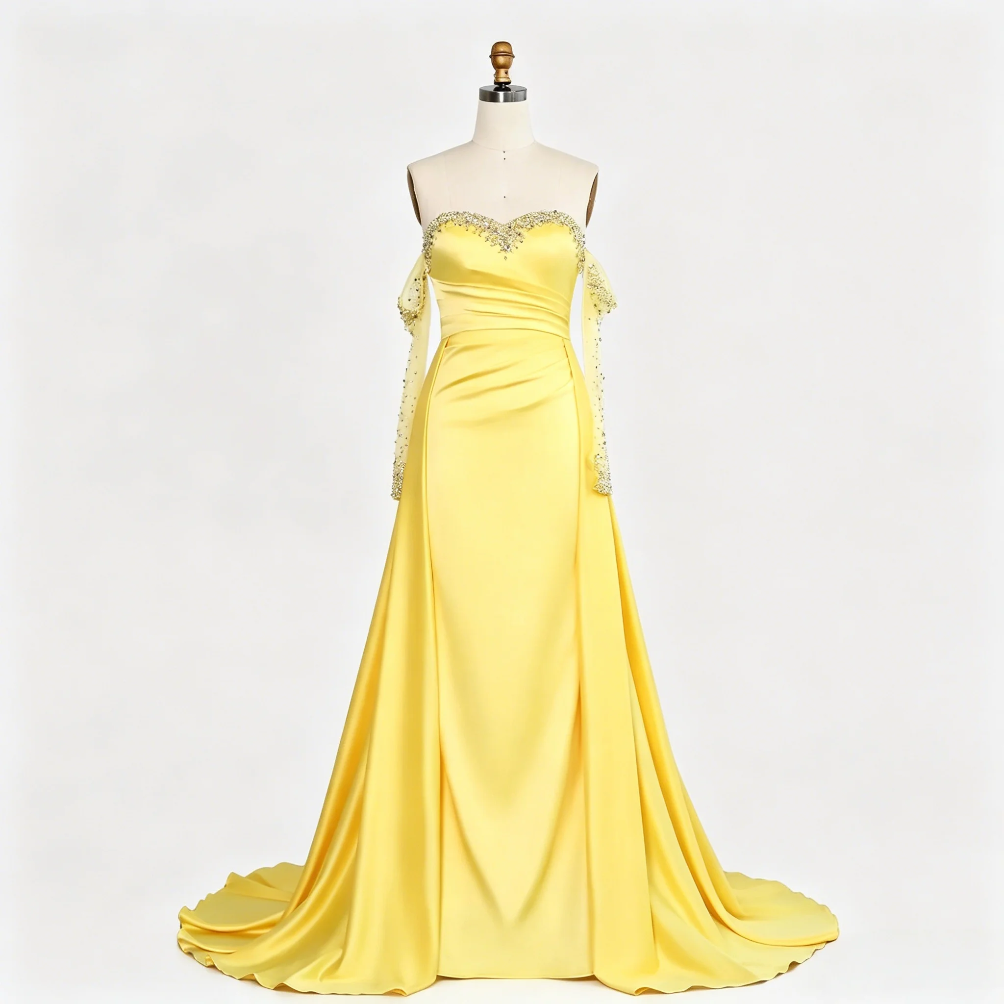 Luxury Bright Yellow Crystal Beaded Satin Mermaid Formal Gown Detachable Rhinestone Mesh Long Sleeves Arabic Wedding Banquet