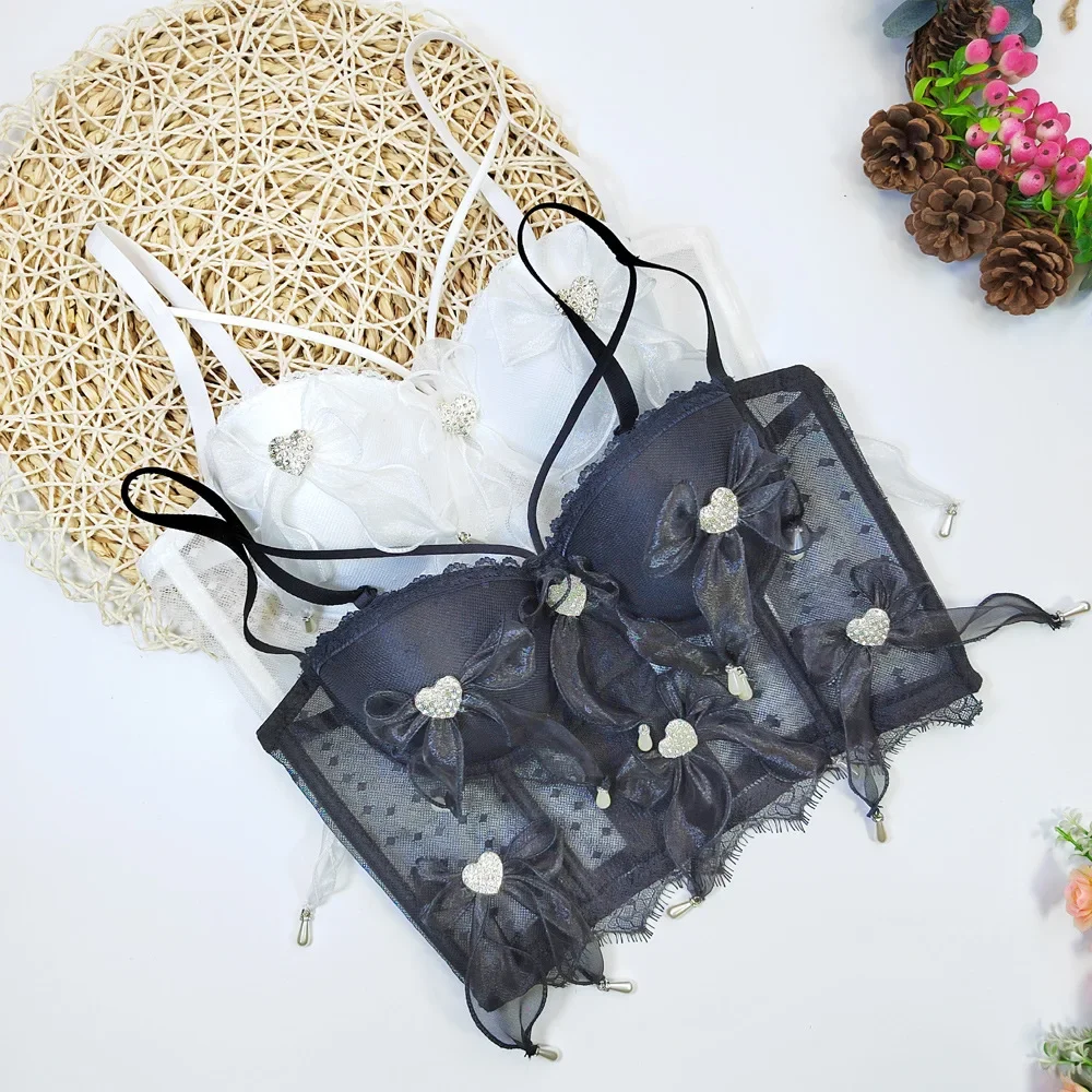 Sexy See-through Bow Diamond Push-up Bra Lace Corset Tube Top with Underwire for Women Backless Bustier Crop Tops Lingerie