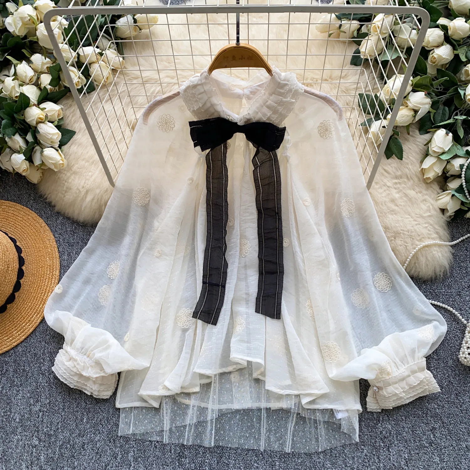 Summer Clothing For Teens - Elegant Bow‑tie Blouse Puff Long Sleeves