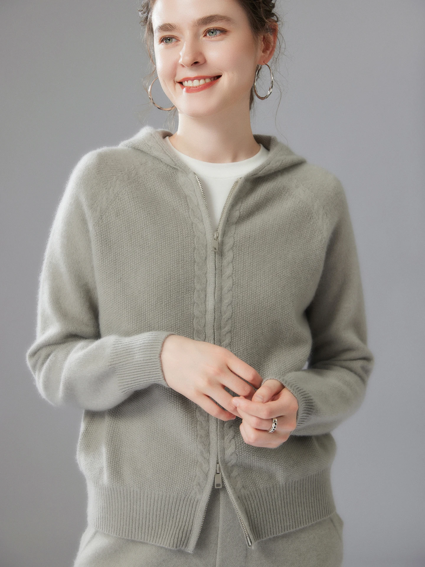 

TLOML Women 100% Cashmere Sweater Thick Hooded Zipper Cardigan Cashmere Knitwear Autumn Winter Soft Warm Loose Comfy Hooded Coat