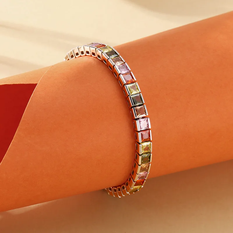 925 Sterling Women'S Square-Shaped Colorful Zircon Bracelet, Thai Silver Vintage Jewelry
