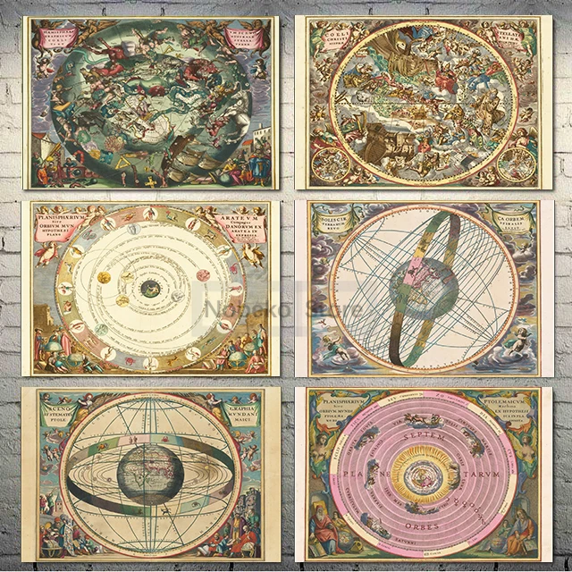 1661 Andreas Cellarius Celestial Map Zodiac Signs Earth Center Poster Prints Canvas Painting Wall Art Pictures Home Room Decor