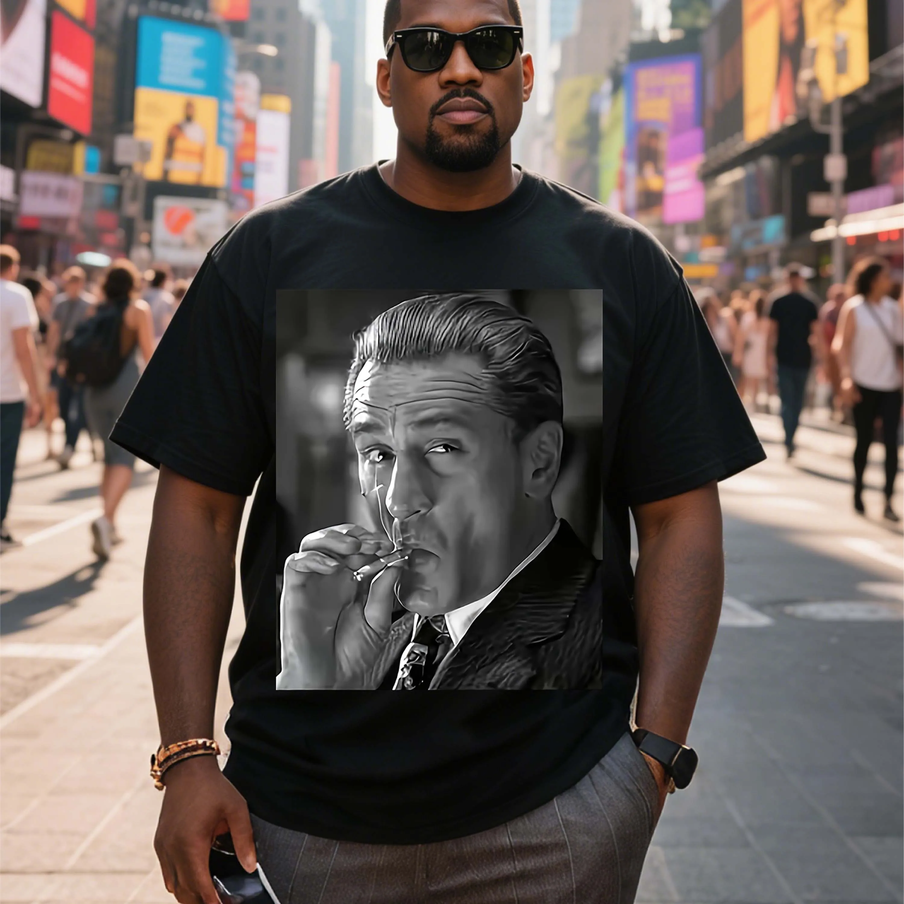 

Plus Size Black Short Sleeve T-Shirt with Black and White Pattern of Men Smoking Suitable for Outdoor Leisure Wear in Summer