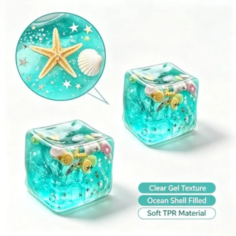 Ocean Gel Cube Squishy Fidget Toy Stress Relief Sensory Toy Starfish Shell Filled Clear Squeeze Toy