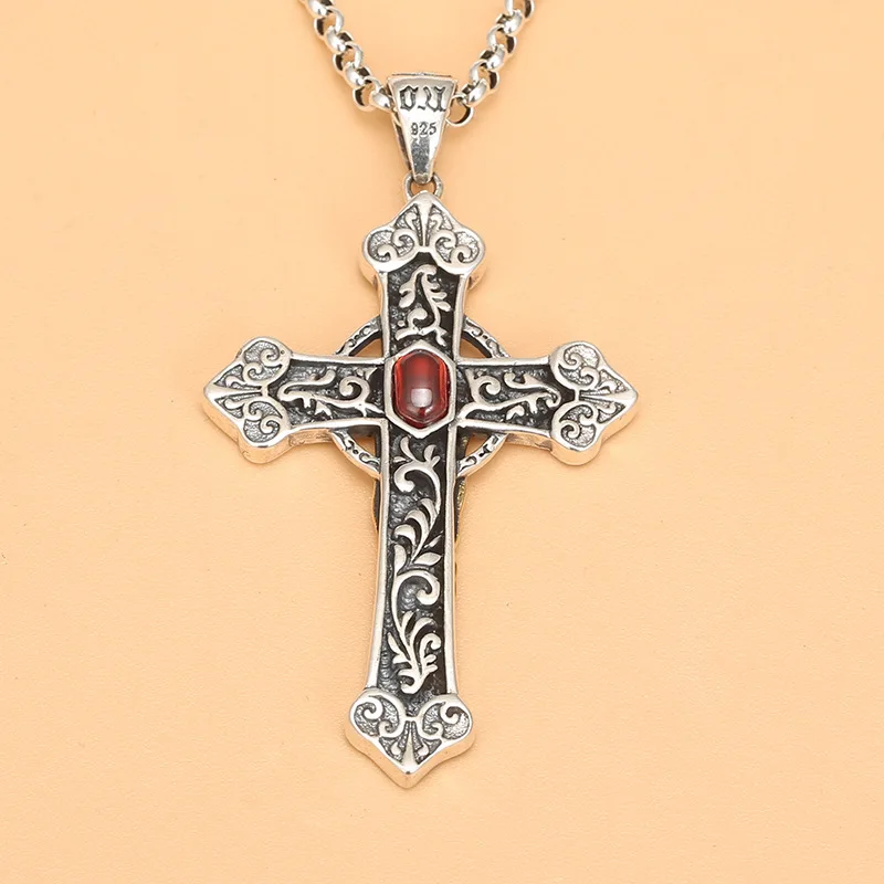 

S925 sterling silver retro cross pendant thai silver sweater chain pendant old silver jewelry boyfriend silver jewelry