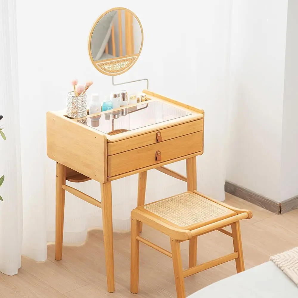

Compact Bamboo Vanity Desk with Mirror, Stool, Drawers, and Tempered Glass Top for Small Spaces