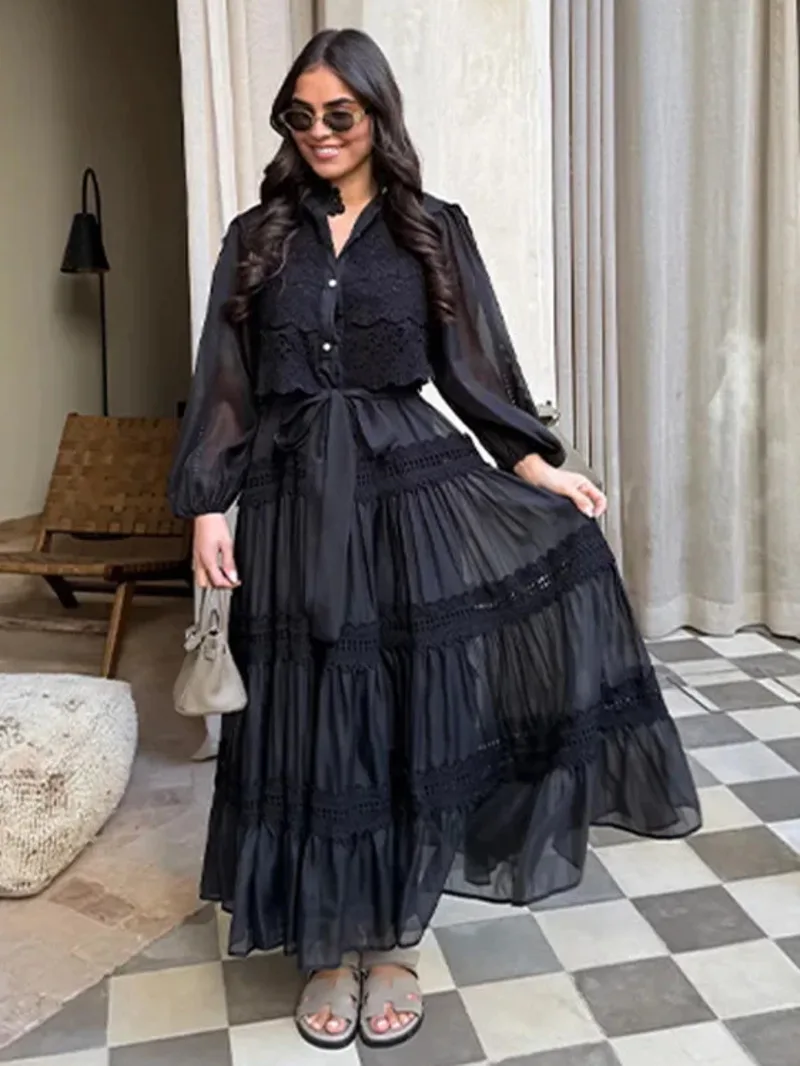 Ausgehöhltes, besticktes Patchwork A-Linien-Kleid, elegantes Langarm-Kleid mit hoher Taille, Revers und Falten, festliches Rüschenkleid 0NSW