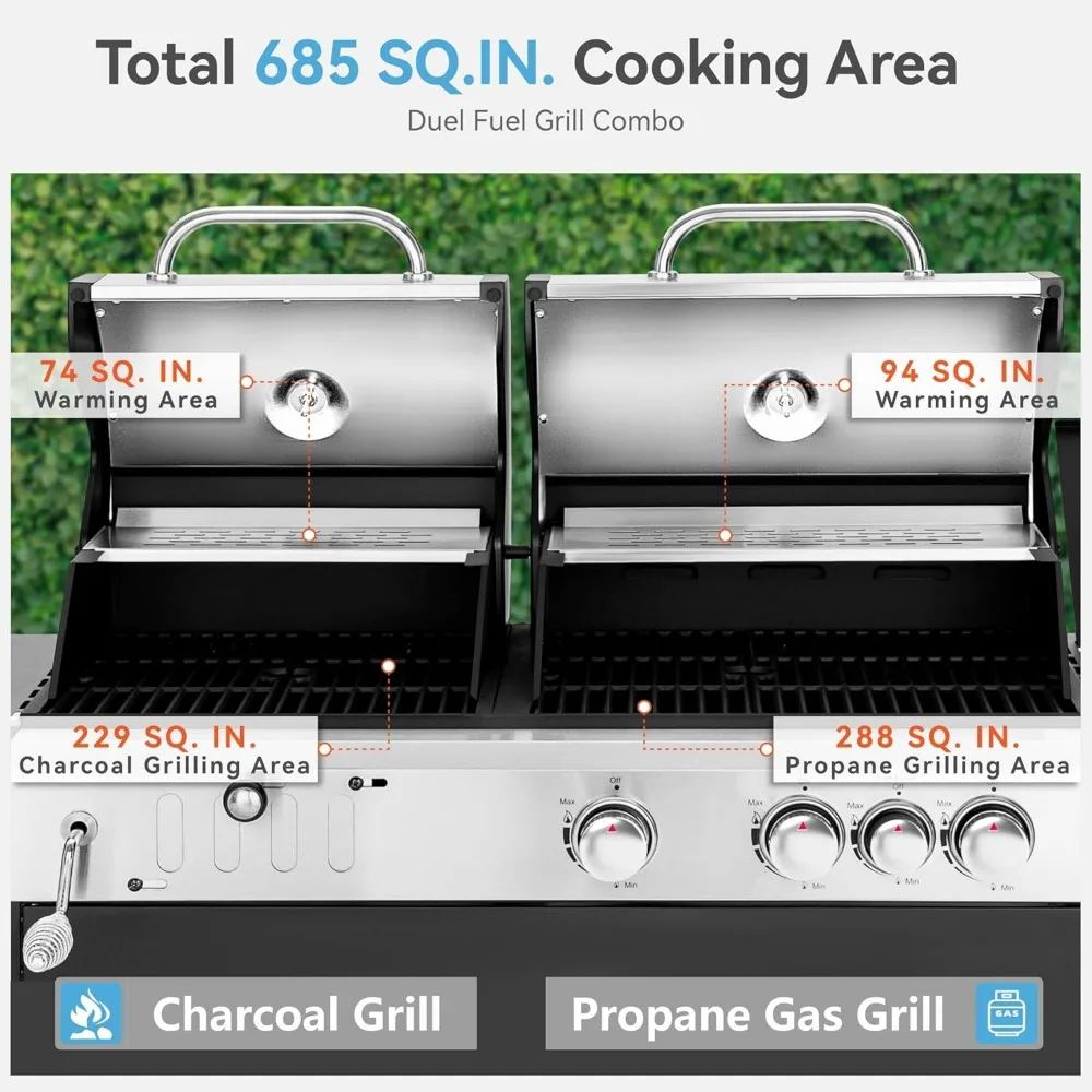 BBQ Grill 3 Burner Propane Gas and Charcoal Grill Combo with Side Burner, 37,000 BTUs 685 SQIN Dual Fuel Outdoor BBQ Grill
