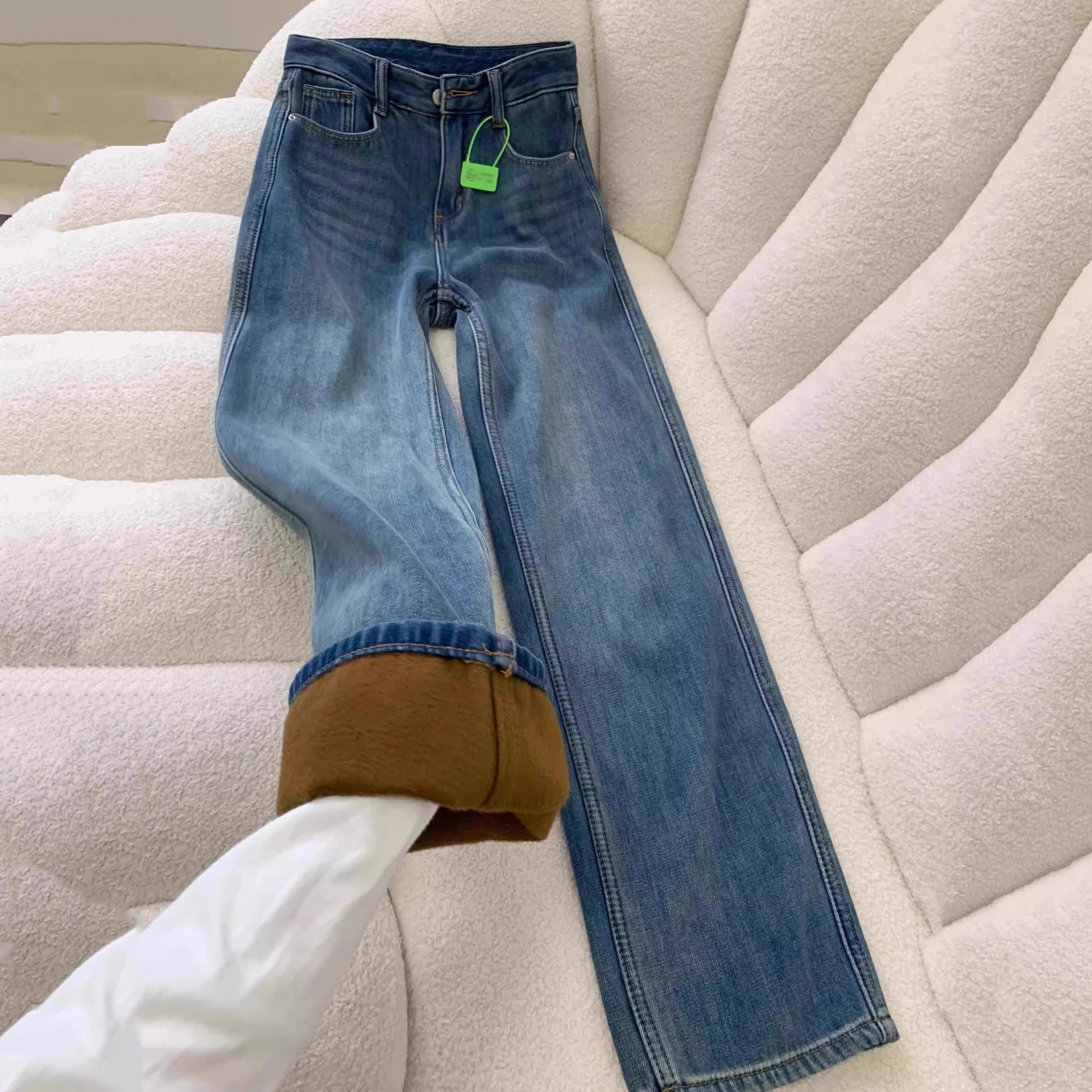 

Синие плюшевые женские прямые джинсы в стиле ретро, осень-зима, утепленные тонкие свободные широкие брюки с высокой талией, женские брюки