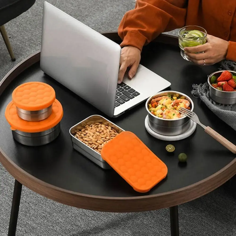 

with Orange Silicone Lid Food Storage Container Stainless Steel Leakproof Lunch Box Sealed Rectangle/round Fresh-keeping Box