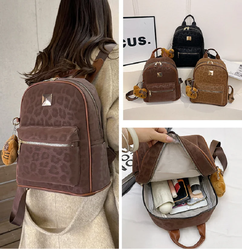 

New Korean Fashion Leopard Soft Leather Travel Backpacks Women's High Capacity Double Zipper Shoulder Bags Totes School Bag