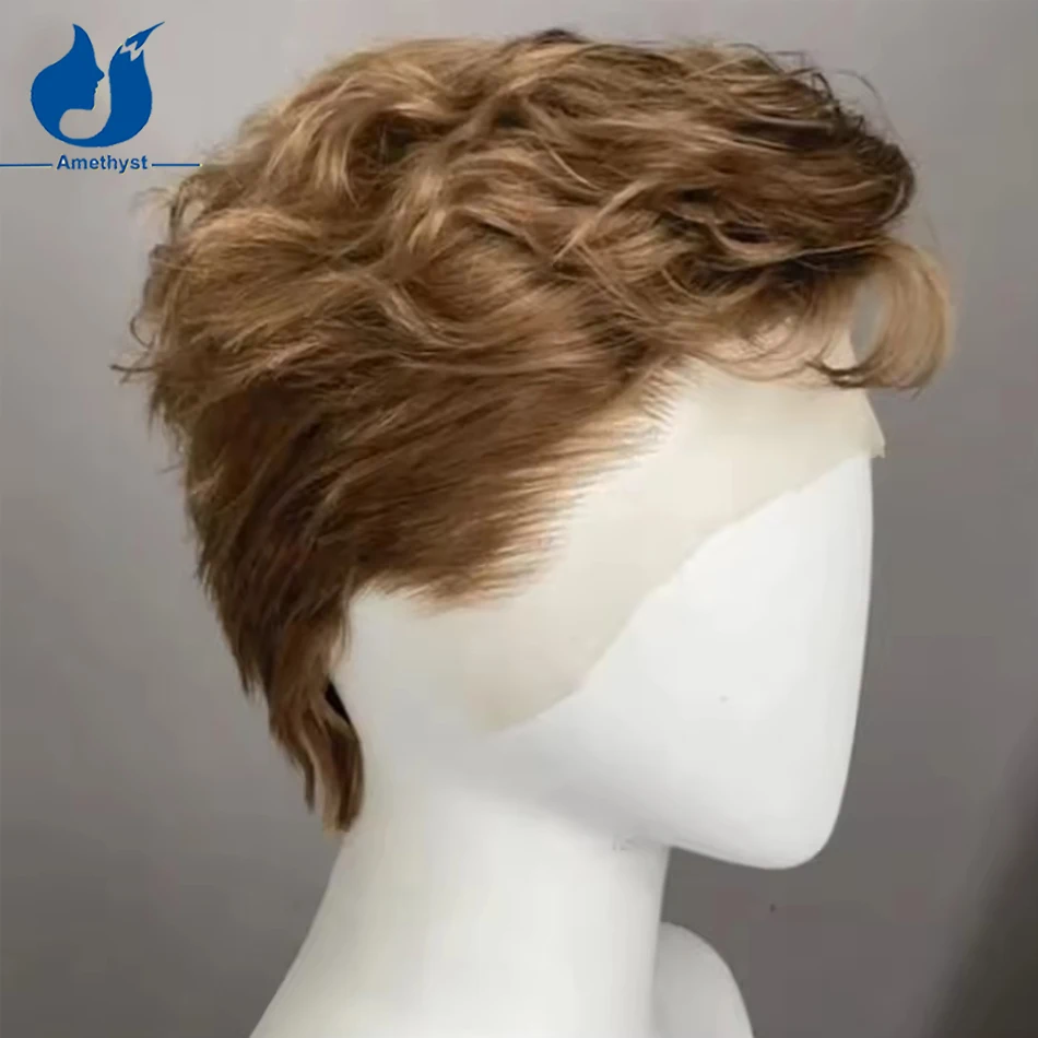 جمشت 13x6 الجانب جزء متموج الدانتيل شعر مستعار أمامي للرجال قصيرة عابث قطع البرازيلي ريمي الذكور الشعر متوسط اللون البني قبل قطعها