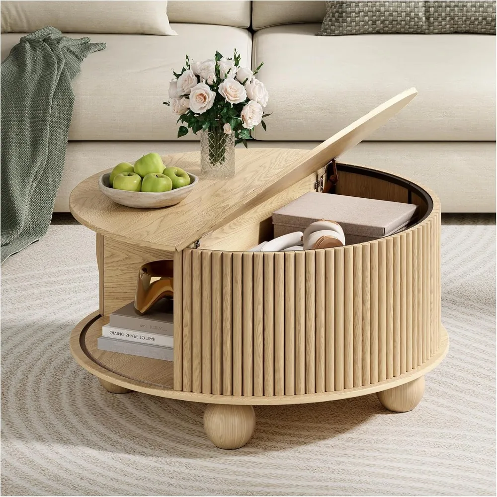 Mid-Century Modern Fluted Coffee Table with Storage for Small Living Rooms