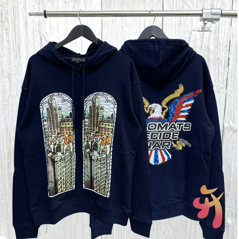 

Winter Heavyweight Terry Dark Blue Hoody Eagle Print WHO DECIDES WAR Hoodies Vinatge Street Cleanfit Men Women Sweatshirts