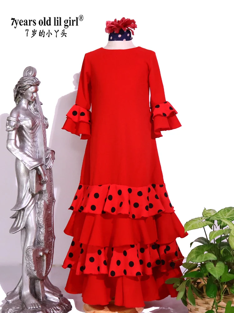 Conjunto de Vestido Flamenco Feminino, Saia e Cachecol, Saia de Prática, Roupa Infantil, Espanhol, 2B01