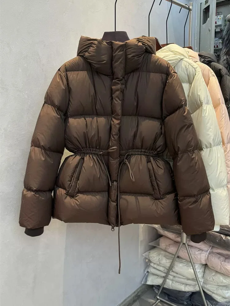 

Winter 2025 Women's ort Puffer Jaet Hooded White Du down Slim Fit Casual Faion Bubble Coat Warm Long Sve Zipper