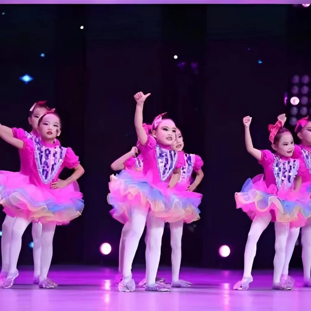 Tutu dança moderna lantejoulas para meninas, vestido de baile rosa infantil, traje perfeito de jazz, apresentações de palco e casamento