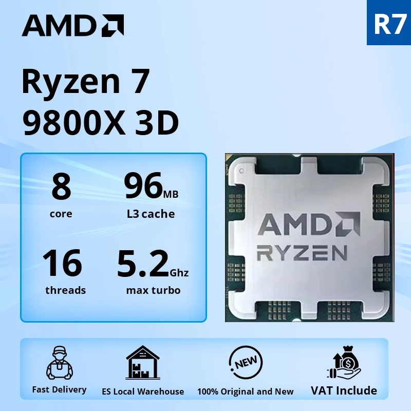 AMD Ryzen 7 9800X3D CPU de jeu R7 9800X3D 5.2GHz 8 cœurs 16 threads 104M prise de Cache de jeu AM5 sans emballage pour PC Gamer