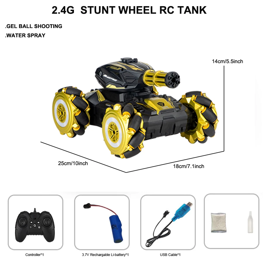 2.4G long range RC tank with gel ball shooting water spray stunt wheels for 6-18 years kids teenage adult game play