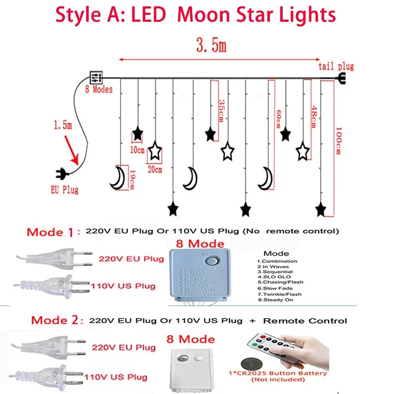 3.5M 220V LED Trăng Sao Đèn Giáng Sinh Vòng Hoa Dây Đèn Cổ Tích Màn Ánh Sáng Ngoài Trời Cho Ngày Lễ Tiệc Cưới trang Trí