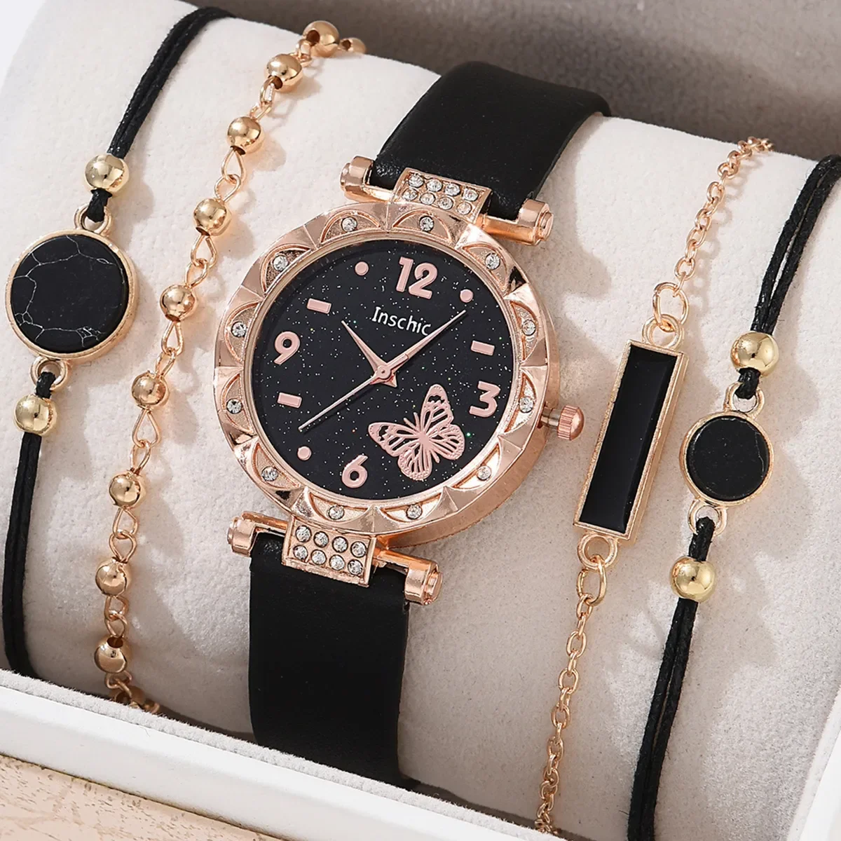 5Pcs Ladies Fashion Trend Everything Stars Butterfly Leather Quartz Watch Luxury Simple Dali Jewelry Birthday Christmas Gift Set