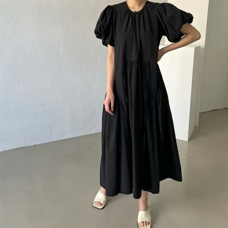 REALEFT Summer Vintage Puff Sleeve Women\'s Long Dresses 2024 New O-Neck Korean Straight Casual Loose Dresses Female