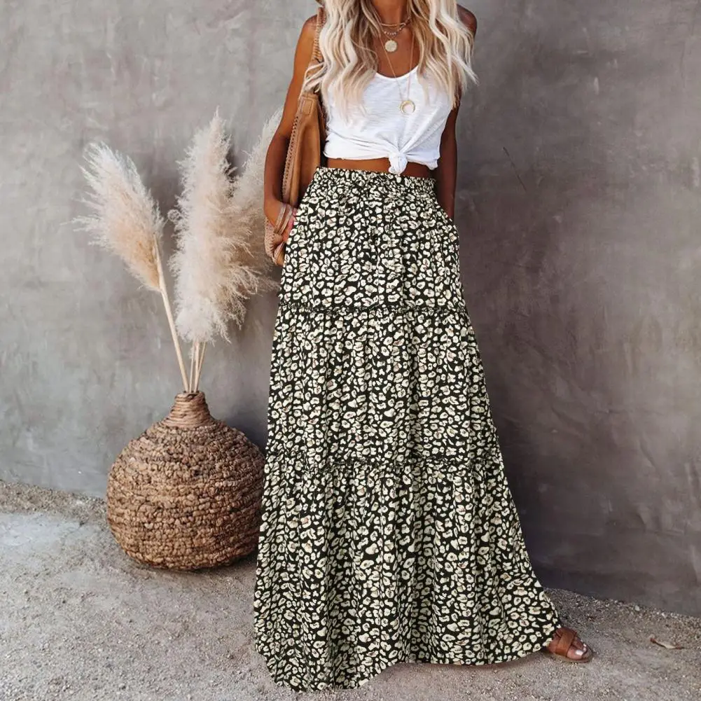 Bohemian Skirt Boho Ethnic Print Maxi Skirt with Elastic Waist Patchwork Detail Vintage Style A-line Pleated Women's Vacation