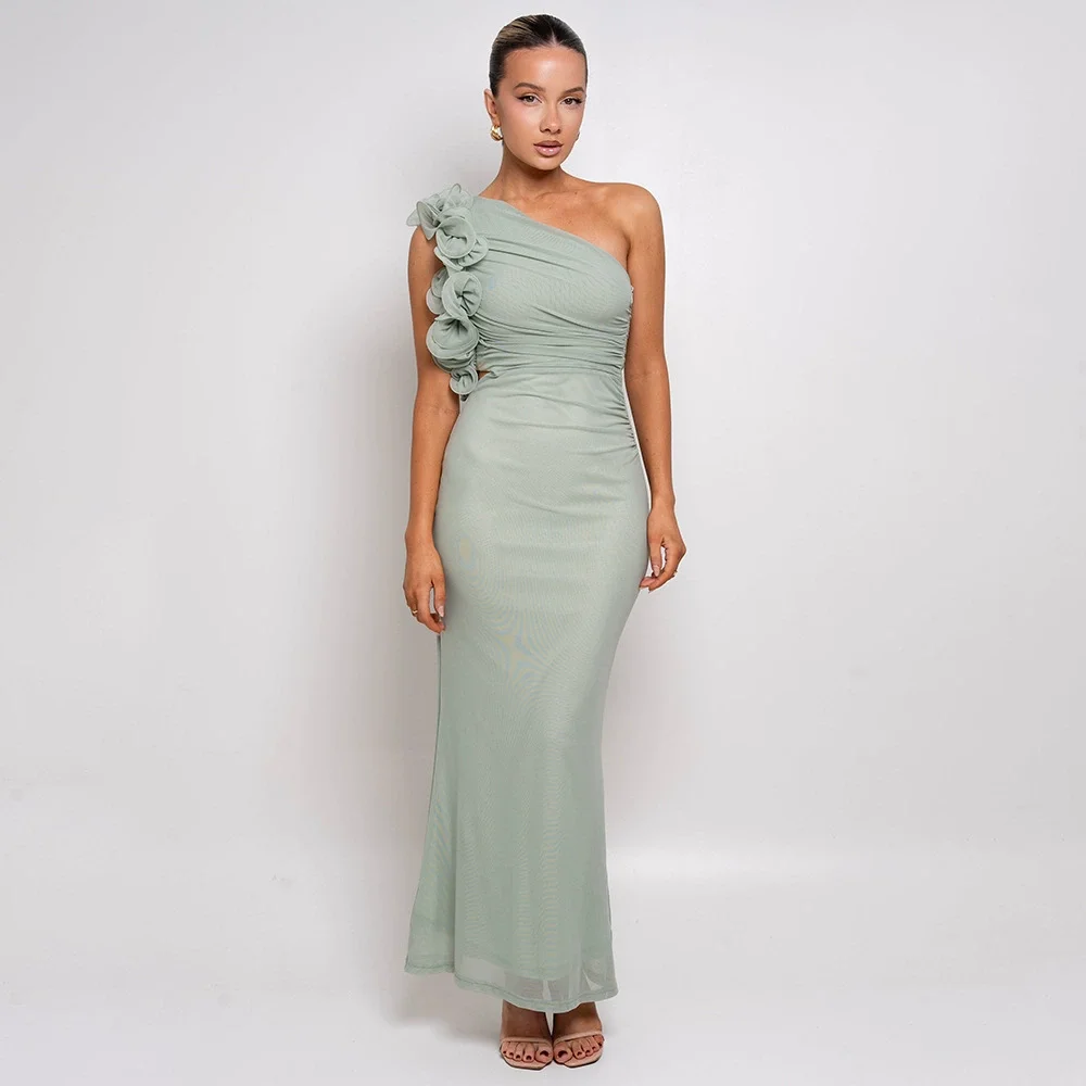 

2025 spring and summer sexy mesh hip-pack long skirt hot girl one-shoulder flower slim dress
