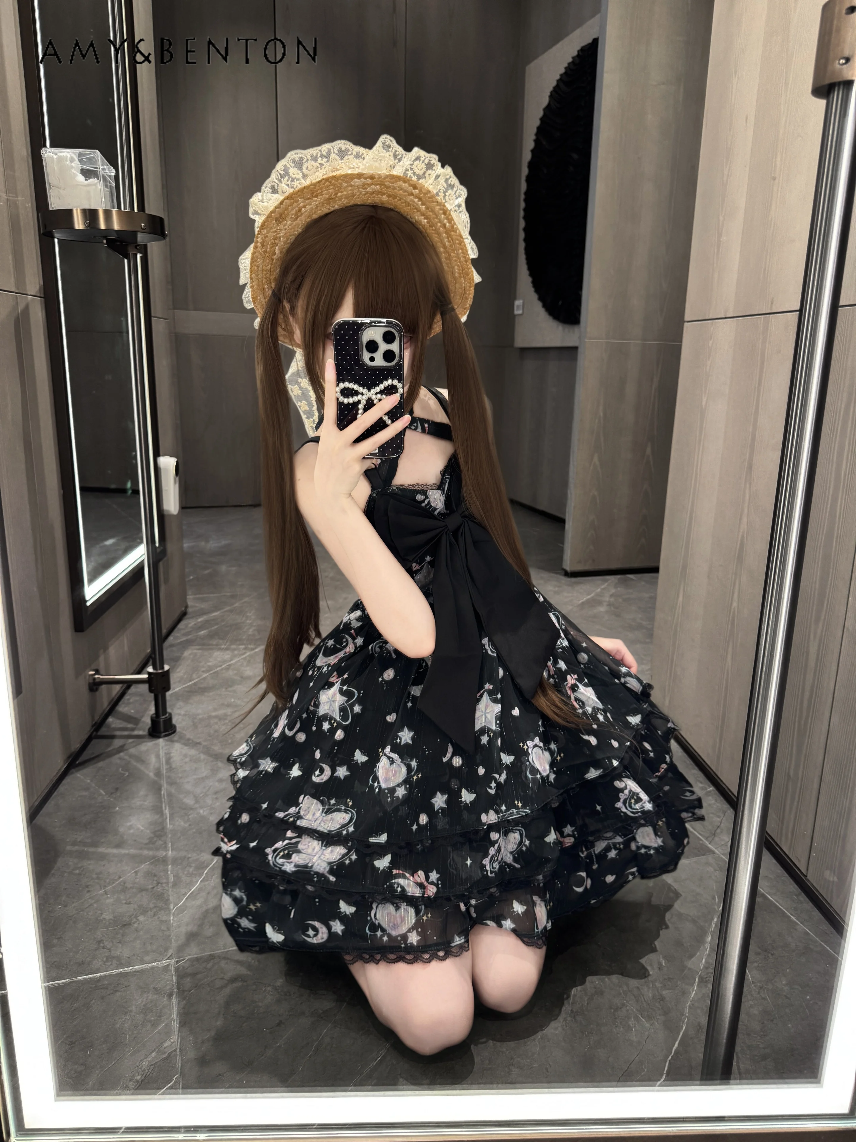 

Summer Japanese Style Sweet and Cute Women's Bow Star Butterfly Print Black Blue Short Multiple Layers Suspender Dress