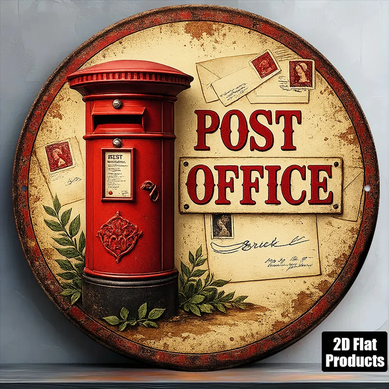 2D Metal Sign 8x8in Round Aluminum Vintage Post Office Mailbox Plaque for Cafe Bar Office Wall Decor Gift