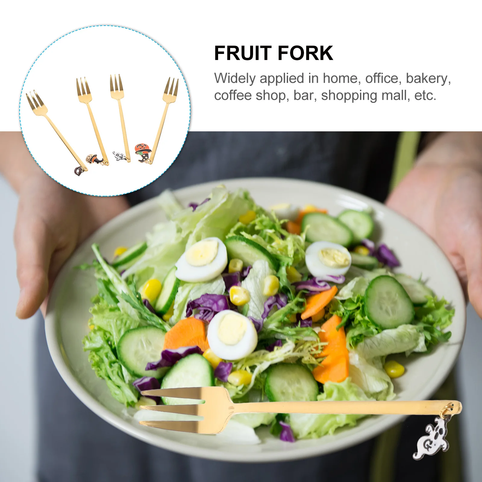 

4Pcs Fruit Golden Stainless Steel Dessert Cake Food Forks Salad Snack Forks Halloween Tableware Home Office Bakery