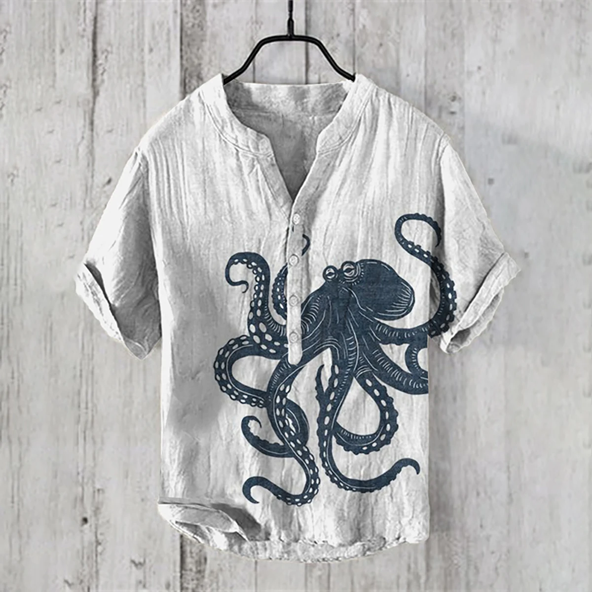 Linen shirt 100% linen men's short-sleeved shirt Octopus series V-neck casual shirt comfortable loose large size 3D HD printing