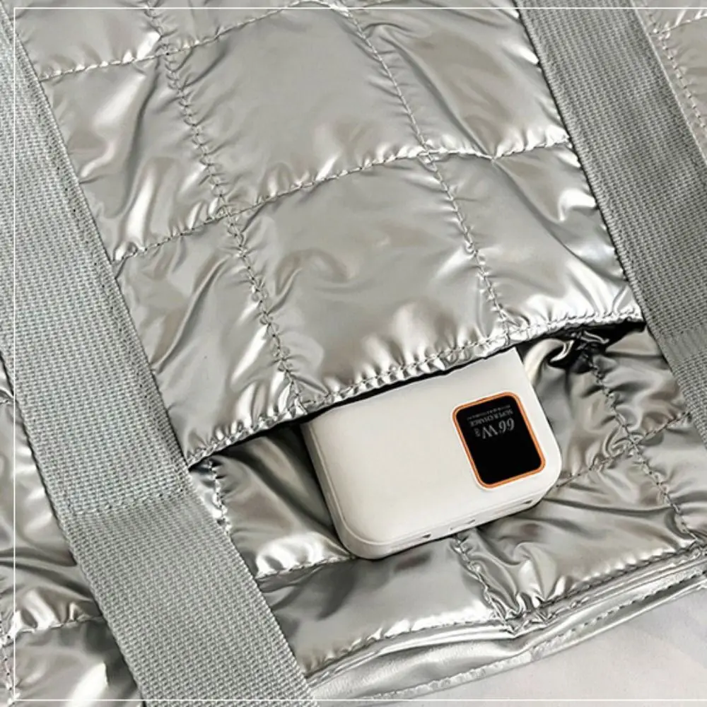 

Korean Style Down Cotton Shoulder Bag Large Capacity Solid Color Cotton-padded Tote Bag Checkered Space Cotton Nylon Handbag