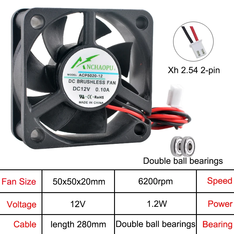 ​ ACP5020 50 mm Lüfter 50 x 50 x 20 mm 5 V/12 V/24 V DC 2-poliger Axiallüfter für Ladegerät/Netzteil/Konverter