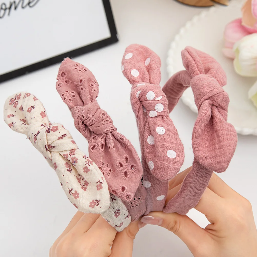 

New Dot Floral Prints Bowknot Girls Hairband Top Knotted Hoops Women Girls solid Lace Embroidered Hair Hoops Bunny Ear Headbands