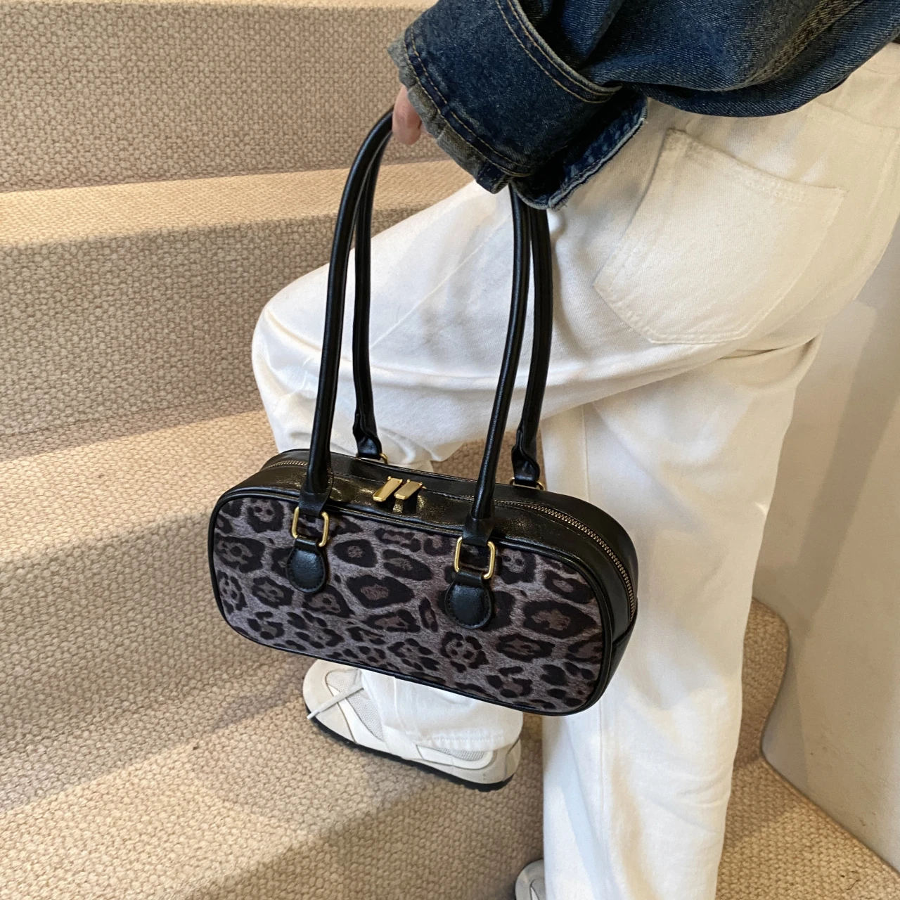 Bolso de hombro Retro con estampado de leopardo, bolso de mano de cuero nobuk de gran capacidad para axila, bolso de viaje marrón y negro, bolso de mano de diseñador para mujer